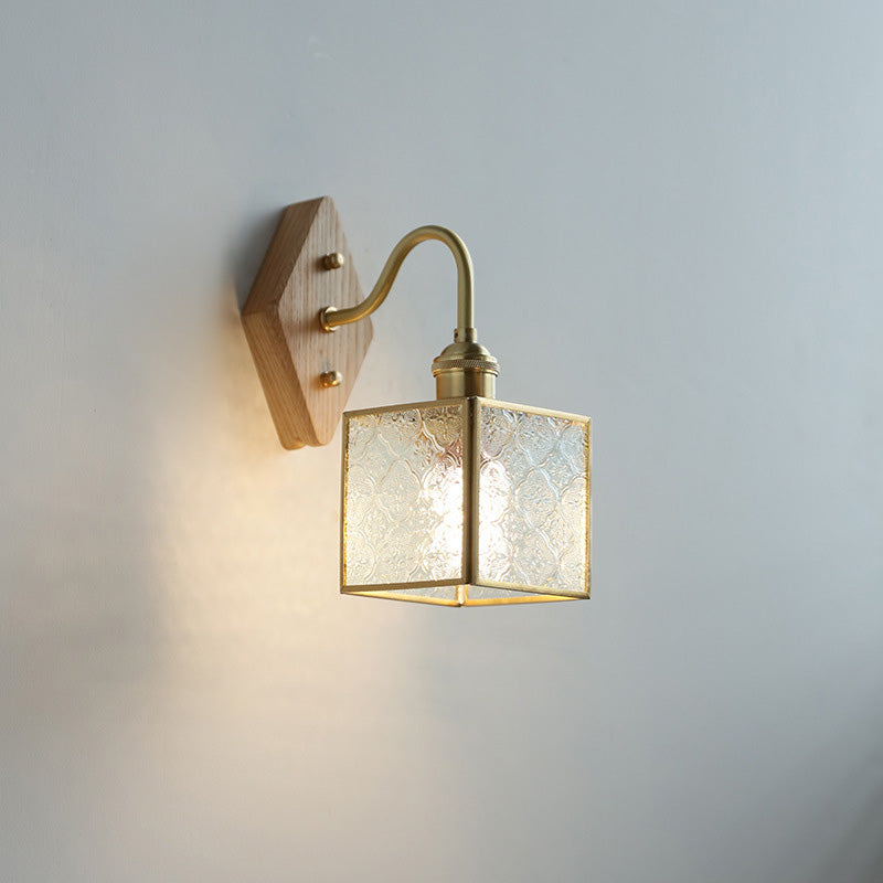 Traditional Vintage Square Copper Glass Wood 1-Light Wall Sconce Lamp For Bedroom