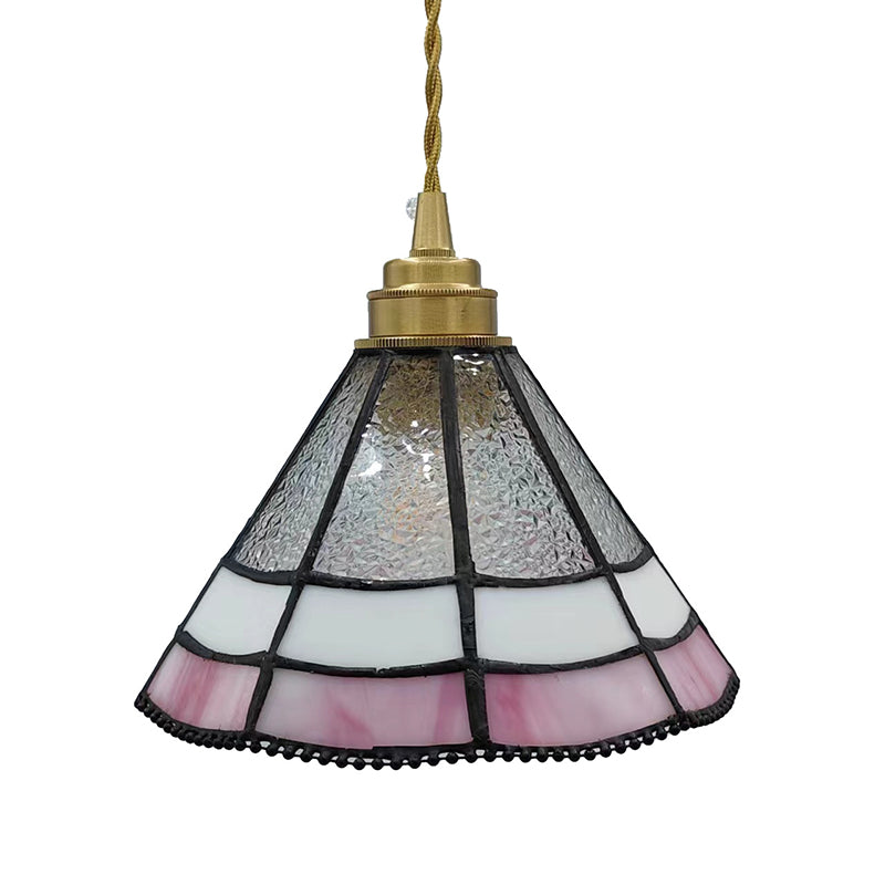 Traditional Vintage Brass Glass Cylinder Quadripartite Horn Lattice 1-Light Pendant Light For Dining Room