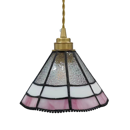 Traditional Vintage Brass Glass Cylinder Quadripartite Horn Lattice 1-Light Pendant Light For Dining Room