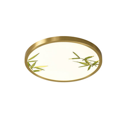 Traditional Chinese Copper Acrylic Round Lotus Bamboo Ginkgo Leaves LED Flush Mount Ceiling Light For Living Room