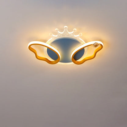 Modern Art Deco Butterfly Crown Round Acrylic Iron LED Flush Mount Ceiling Light For Bedroom