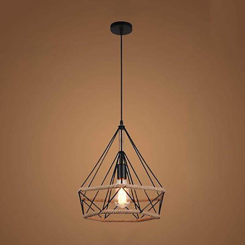 Contemporary Retro Iron Hemp Rope Simulated Greenery Diamond Sakura Leaf 1-Light Pendant Light For Dining Room