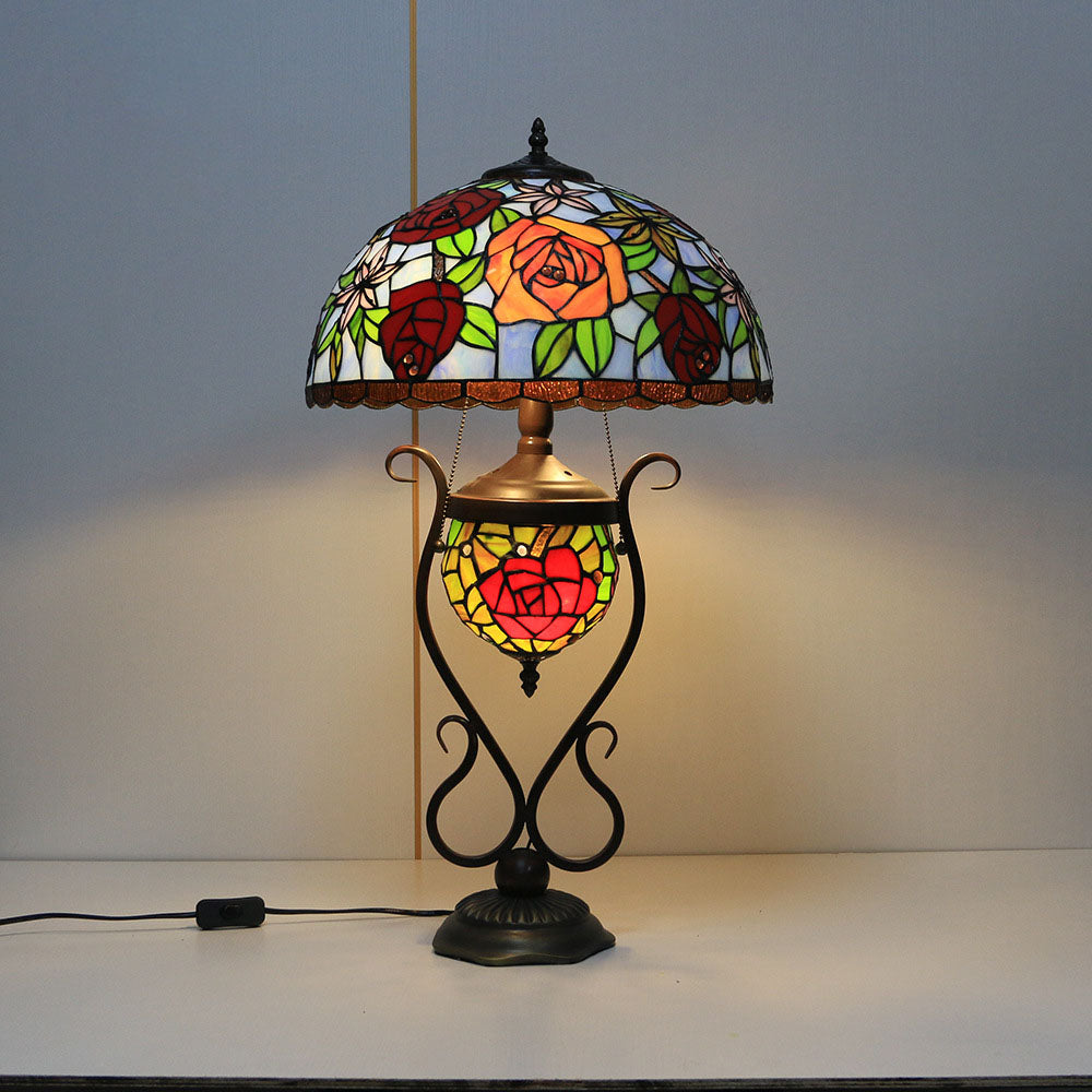 Tiffany European Vintage Floral Stained Glass Round Pot 3-Light Table Lamp