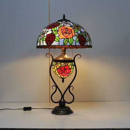 Tiffany European Vintage Floral Stained Glass Round Pot 3-Light Table Lamp