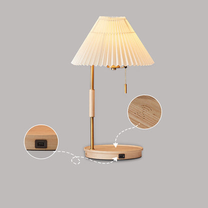 Modern Pleated Shade Walnut Wood Round Base 1-Light Table Lamp