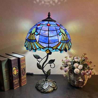 Traditional Tiffany Resin Glass Dome Conic Flower Leaf 1-Light Table Lamp For Bedside
