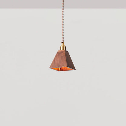 Japanese Vintage Walnut Geometric Round Cone Brass 1-Light Pendant Light