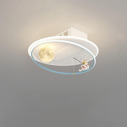 Contemporary Creative Acrylic Astronaut Moon LED Kids Flush Mount Ceiling Invisible Bladeless Fan Light For Bedroom