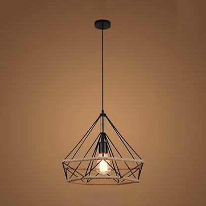 Contemporary Retro Iron Hemp Rope Simulated Greenery Diamond Sakura Leaf 1-Light Pendant Light For Dining Room