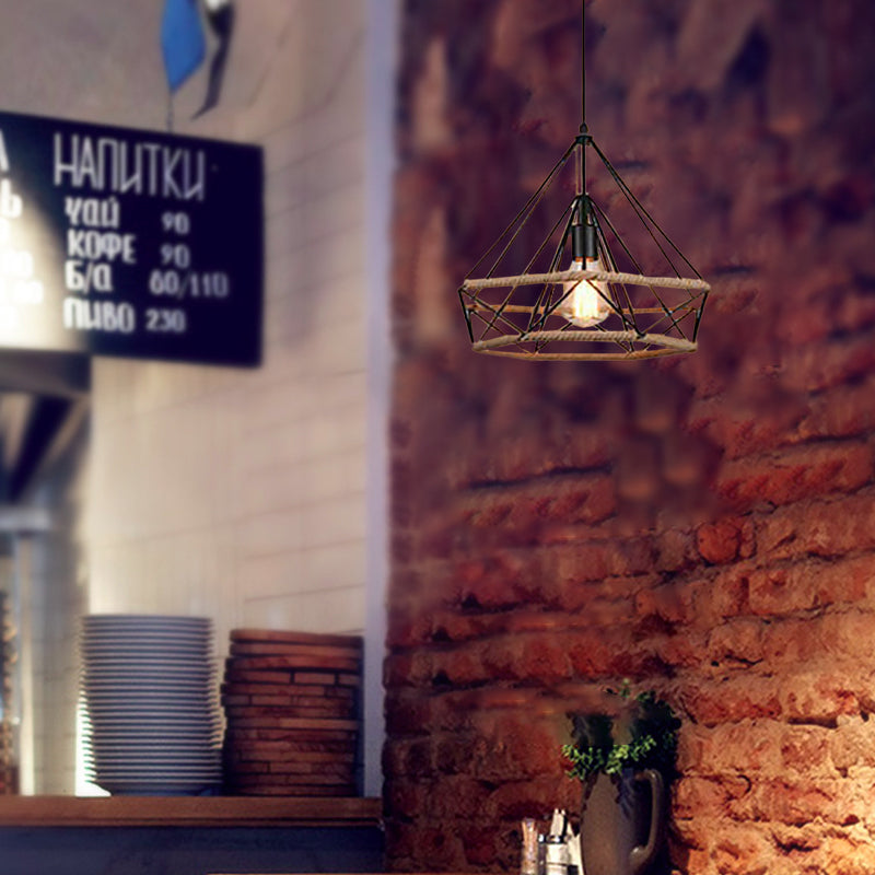 Contemporary Retro Iron Hemp Rope Simulated Greenery Diamond Sakura Leaf 1-Light Pendant Light For Dining Room