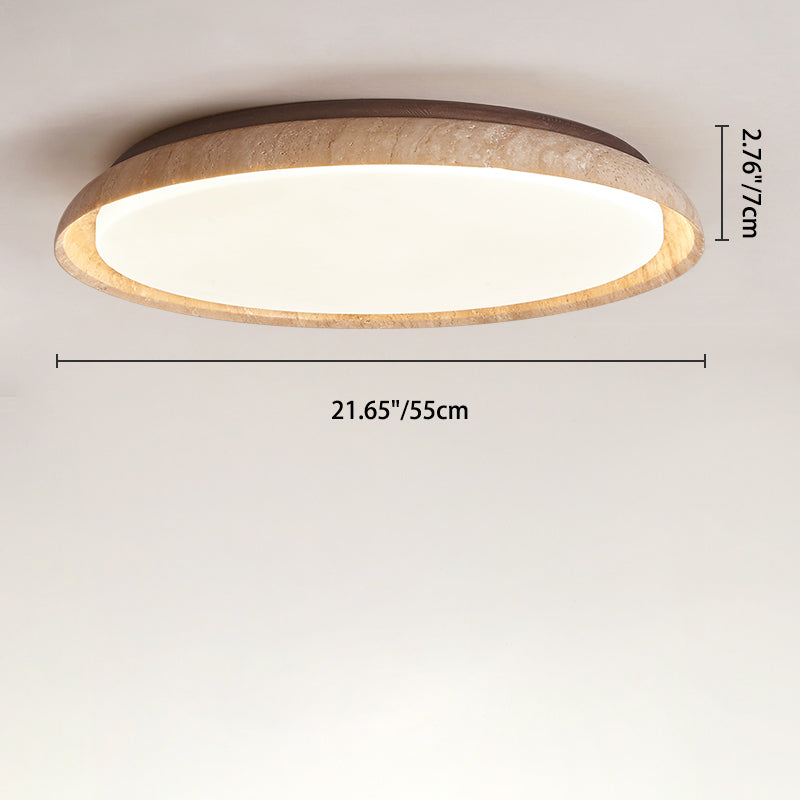 Traditional Japanese Round Disc Style Travertine Solid Wood Acrylic LED Flush Mount Ceiling Light For Bedroom