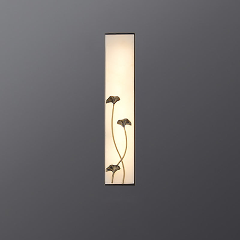 Traditional Chinese Copper Marble Cubic Bamboo Leaf Lotus Flower Ginkgo Biloba LED Wall Sconce Lamp For Bedside