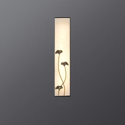 Traditional Chinese Copper Marble Cubic Bamboo Leaf Lotus Flower Ginkgo Biloba LED Wall Sconce Lamp For Bedside