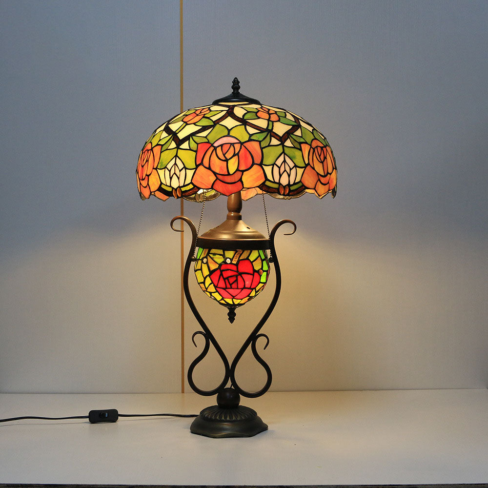 Tiffany European Vintage Floral Stained Glass Round Pot 3-Light Table Lamp