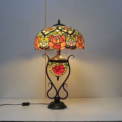 Tiffany European Vintage Floral Stained Glass Round Pot 3-Light Table Lamp