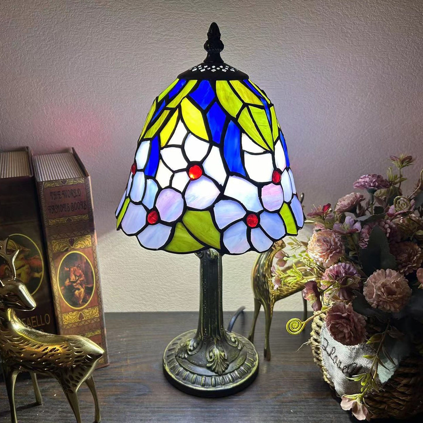 Traditional Tiffany Alloy Glass Dome Flower 1-Light Table Lamp For Bedside