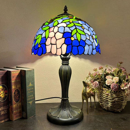 Traditional Tiffany Metal Glass Dome Grape Flower Dragonfly Butterfly 1-Light Table Lamp For Bedside