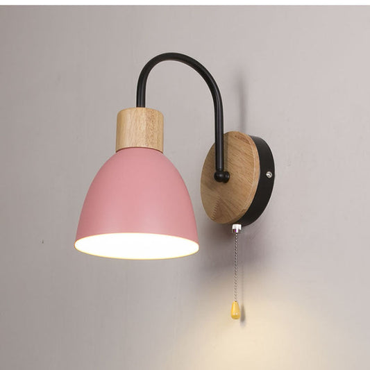 Modern Minimalist Macaron Curved Pole Round Cup Iron Wood 1-Light Wall Sconce Lamp For Bedroom