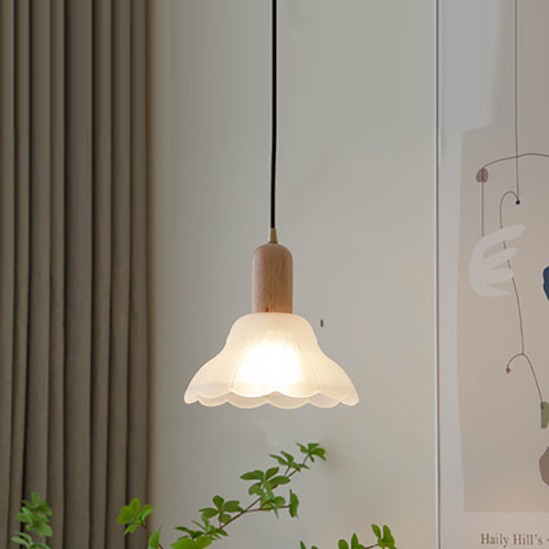Traditional Japanese Wood Brass Glass Hemispheroid Flower 1-Light Pendant Light For Dining Room