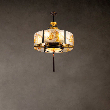 Traditional Chinese Enamel Glass Cylinder Shade Brass Frame 4/6-Light Chandelier For Living Room