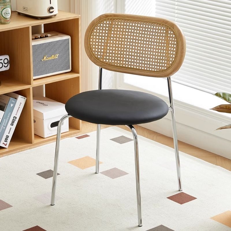 Contemporary Vintage Round Rectangular Solid Wood Metal Genuine Leather Dining Chair Backrest For Dining Room