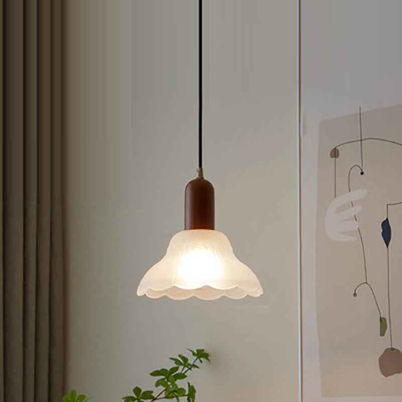Traditional Japanese Wood Brass Glass Hemispheroid Flower 1-Light Pendant Light For Dining Room