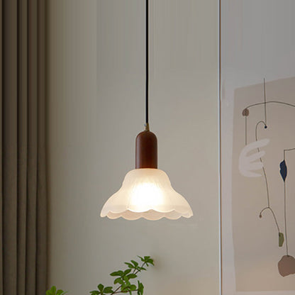 Traditional Japanese Wood Brass Glass Hemispheroid Flower 1-Light Pendant Light For Dining Room