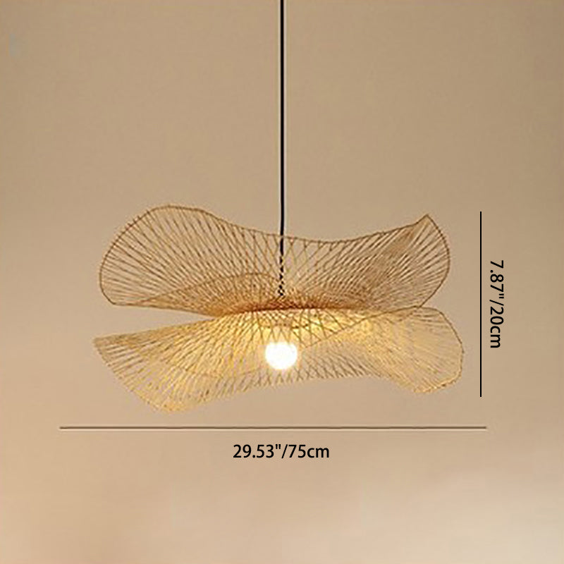 Traditional Chinese Iron Bamboo Weaving Hat Irregular Round Ball 1-Light Pendant Light For Dining Room