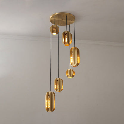 Traditional Chinese Copper Glass Cylinder Elliptical Hollow 1/3/6 Light Chandelier For Entryway