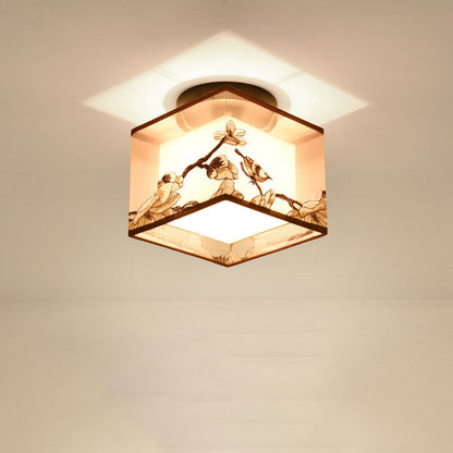 Traditional Chinese Square Iron Fabric 1-Light Semi-Flush Mount Ceiling Light For Hallway
