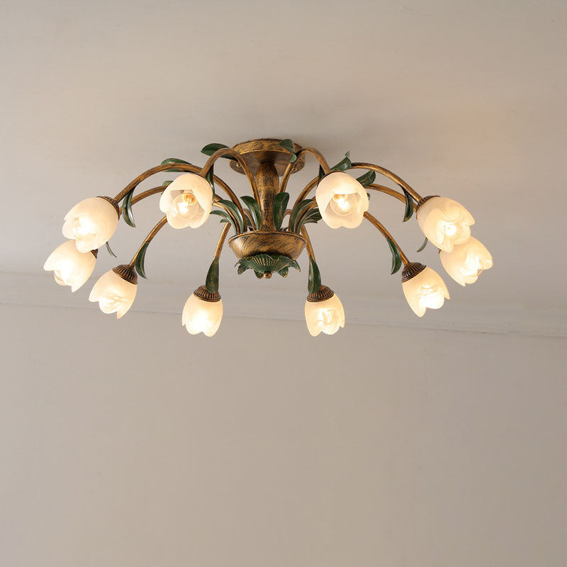 Traditional Rustic Floral Iron Glass 6/8/10 Light Semi-Flush Mount Ceiling Light For Living Room