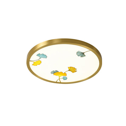 Traditional Chinese Copper Acrylic Round Lotus Bamboo Ginkgo Leaves LED Flush Mount Ceiling Light For Living Room