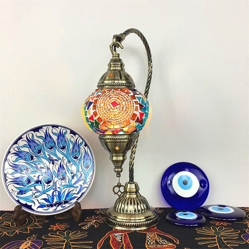 Moroccan Vintage Handmade Stained Glass Jar Swan 1-Light Table Lamp