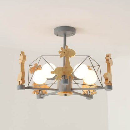 Scandinavian Modern Childlike Giraffe Diamond Pentagram Windmill Iron Wood Glass 4/5 Light Semi-Flush Mount Ceiling Light