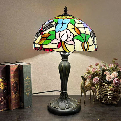 Traditional Tiffany Metal Glass Dome Grape Flower Dragonfly Butterfly 1-Light Table Lamp For Bedside