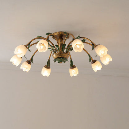 Traditional Rustic Floral Iron Glass 6/8/10 Light Semi-Flush Mount Ceiling Light For Living Room