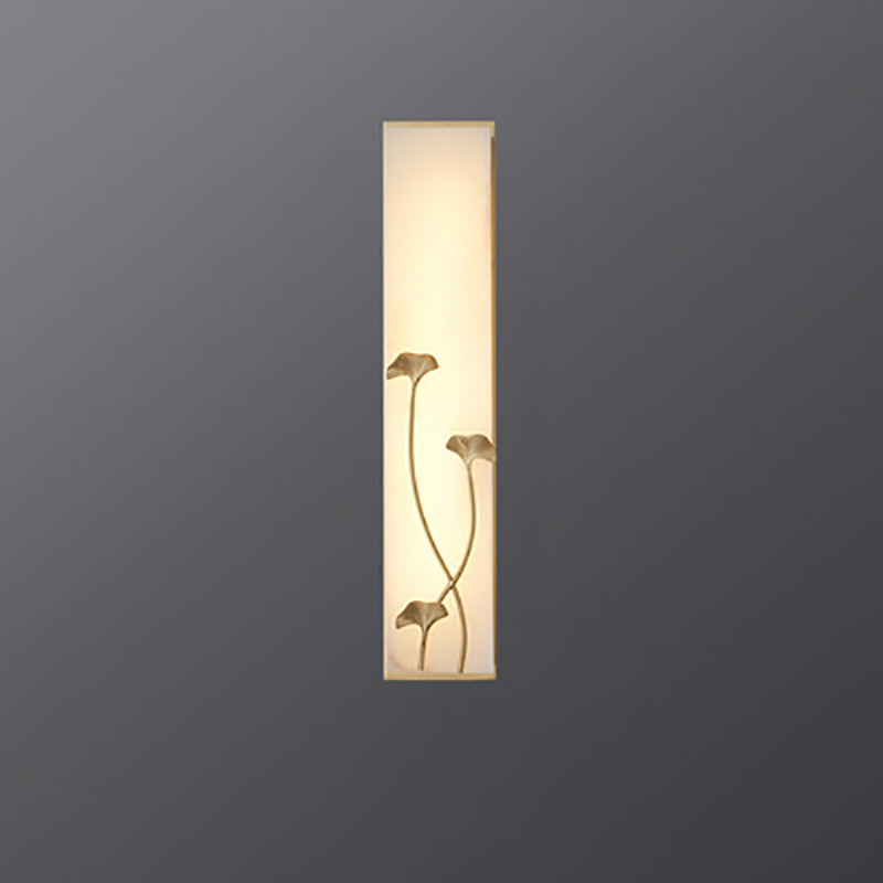 Traditional Chinese Copper Marble Cubic Bamboo Leaf Lotus Flower Ginkgo Biloba LED Wall Sconce Lamp For Bedside
