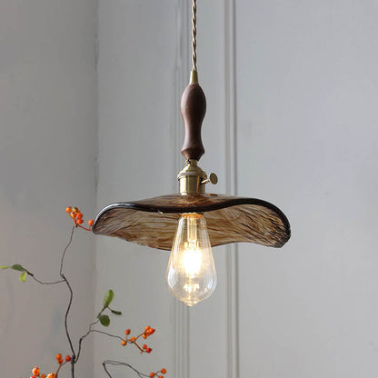 Modern Eclectic Amber Glass Walnut Color Handle 1-Light Pendant Light For Living Room