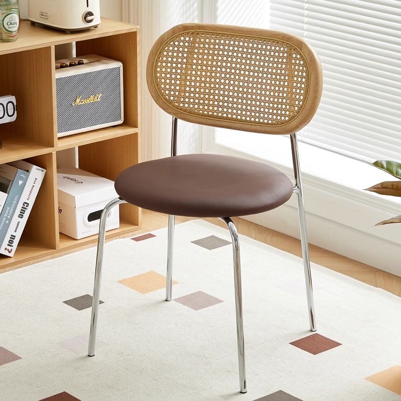 Contemporary Vintage Round Rectangular Solid Wood Metal Genuine Leather Dining Chair Backrest For Dining Room