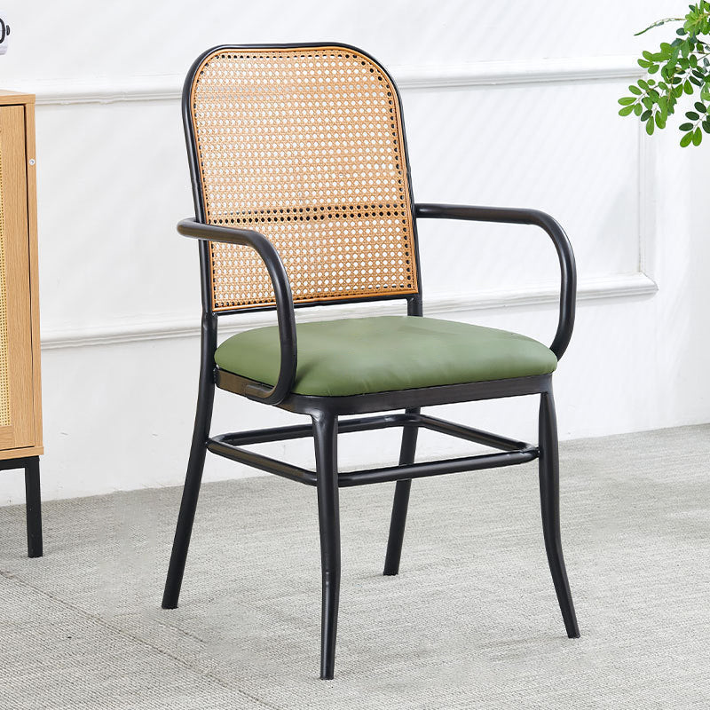 Traditional Vintage PE Imitation Rattan Nappa Leather Upholstered Dining Chair Backrest Armrest For Dining Room