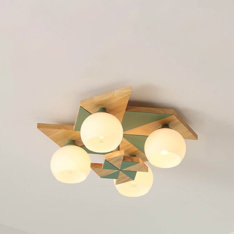 Scandinavian Modern Childlike Giraffe Diamond Pentagram Windmill Iron Wood Glass 4/5 Light Semi-Flush Mount Ceiling Light