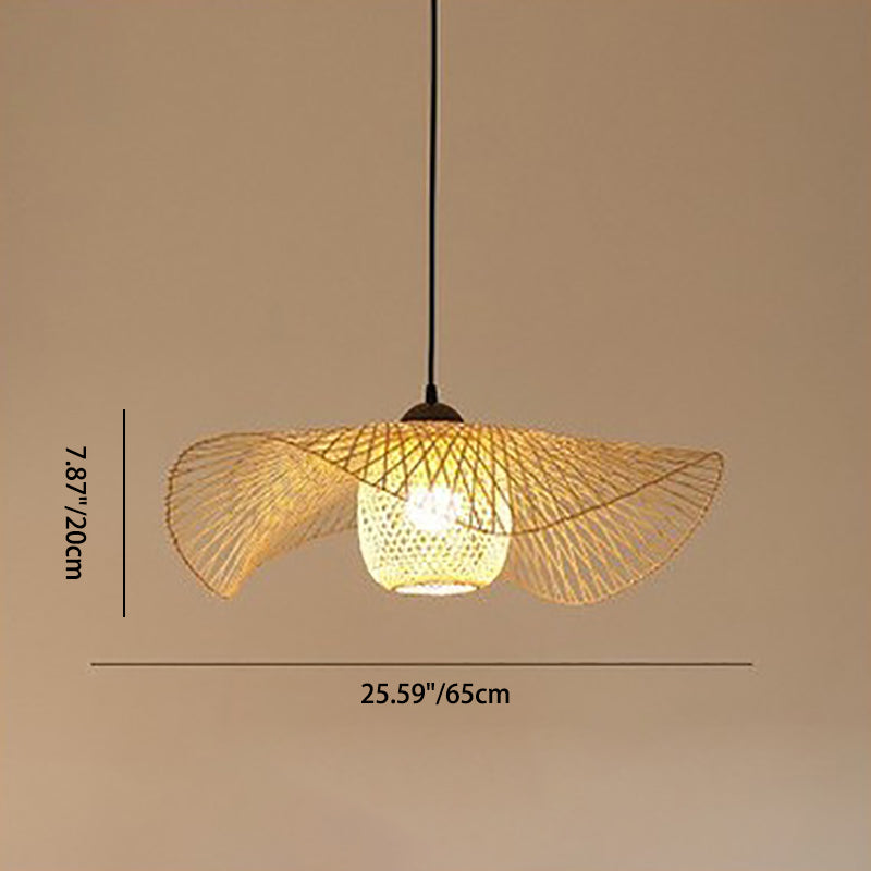 Traditional Chinese Iron Bamboo Weaving Hat Irregular Round Ball 1-Light Pendant Light For Dining Room