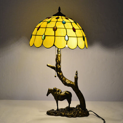 Traditional Tiffany Resin Glass Dome Conic Hemispheric Branch Horse Base 2-Light Table Lamp For Study