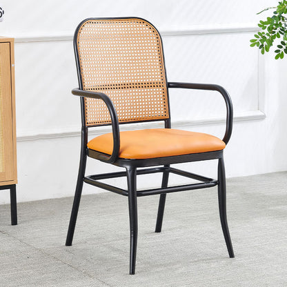 Traditional Vintage PE Imitation Rattan Nappa Leather Upholstered Dining Chair Backrest Armrest For Dining Room