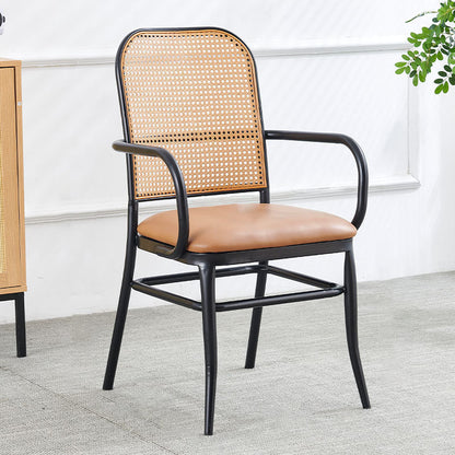 Traditional Vintage PE Imitation Rattan Nappa Leather Upholstered Dining Chair Backrest Armrest For Dining Room
