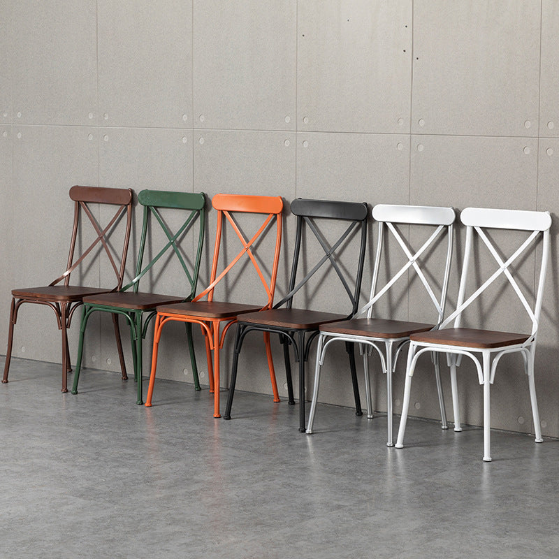 Contemporary Industrial PU Leather Wood Iron Square X Shape Back Dining Chair & Table Set For Dining Room