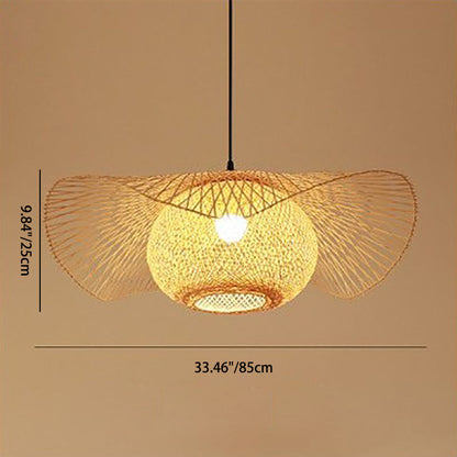 Traditional Chinese Iron Bamboo Weaving Hat Irregular Round Ball 1-Light Pendant Light For Dining Room