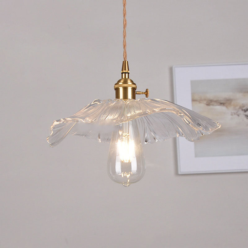 Modern Art Deco Sunflower Lotus Leaf Glass Shade Brass 1-Light Pendant Light For Living Room