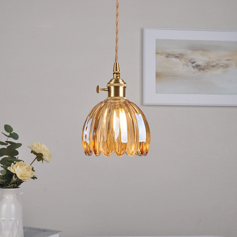 Traditional Vintage Water-ripple Glass Geometric Polygon Shade Brass 1-Light Pendant Light For Living Room