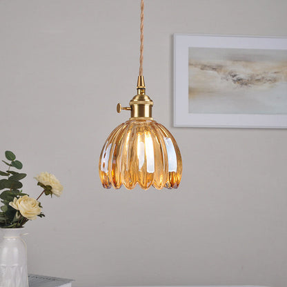 Traditional Vintage Water-ripple Glass Geometric Polygon Shade Brass 1-Light Pendant Light For Living Room